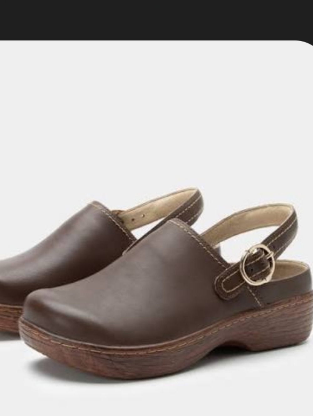 Alegria Olie Brown Leather Clogs with Wood-Effect Sole
